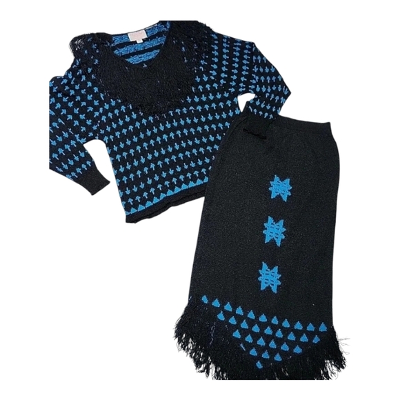 Vintage French Rags Hand Loomed Knit Sweater & Skirt Set Black Blue Fringe Size - Picture 1 of 13